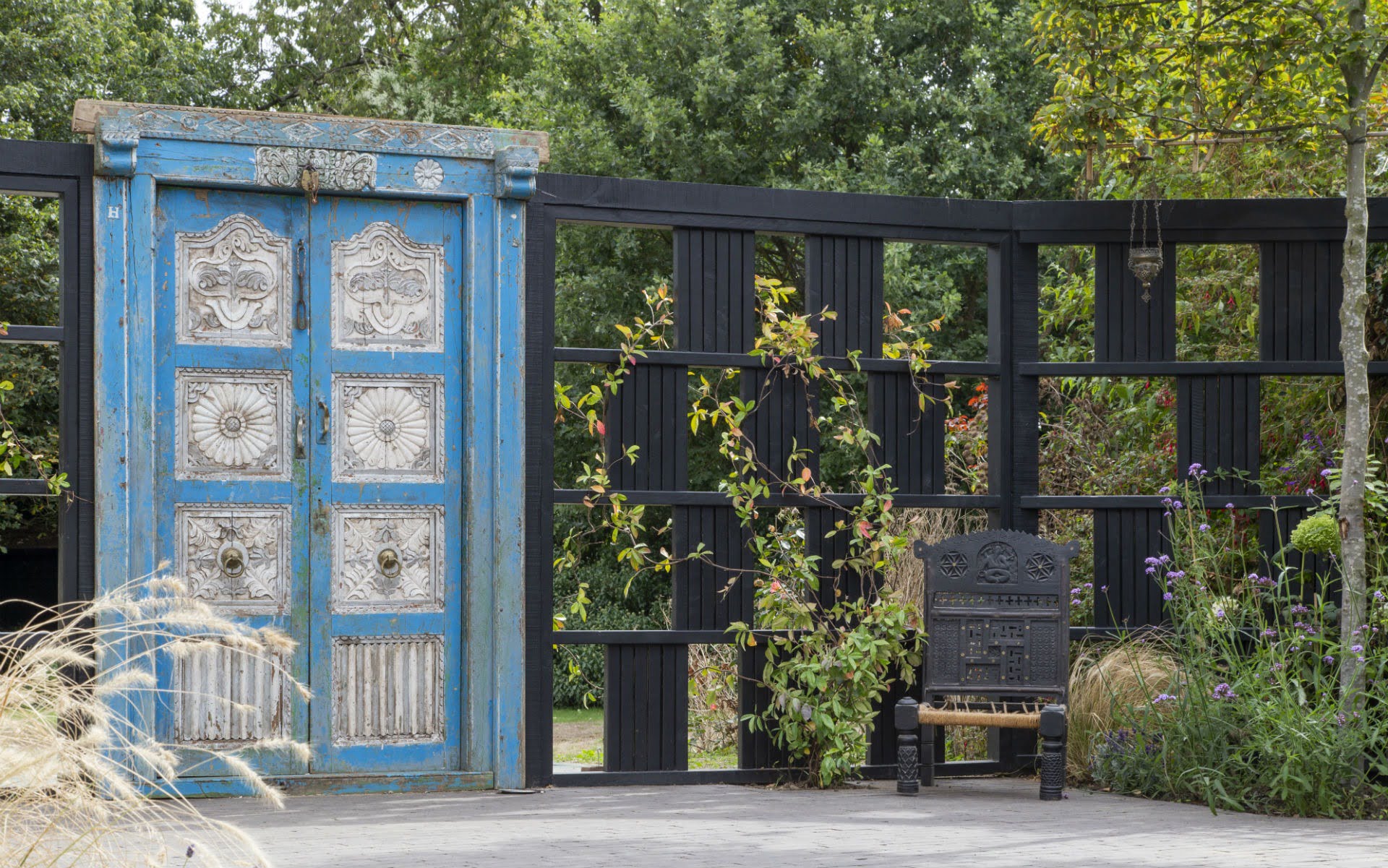Portfolio Chic Entertaining Courtyard Garden Danbury Essex Vintage Indian Carved Door Garden Screen