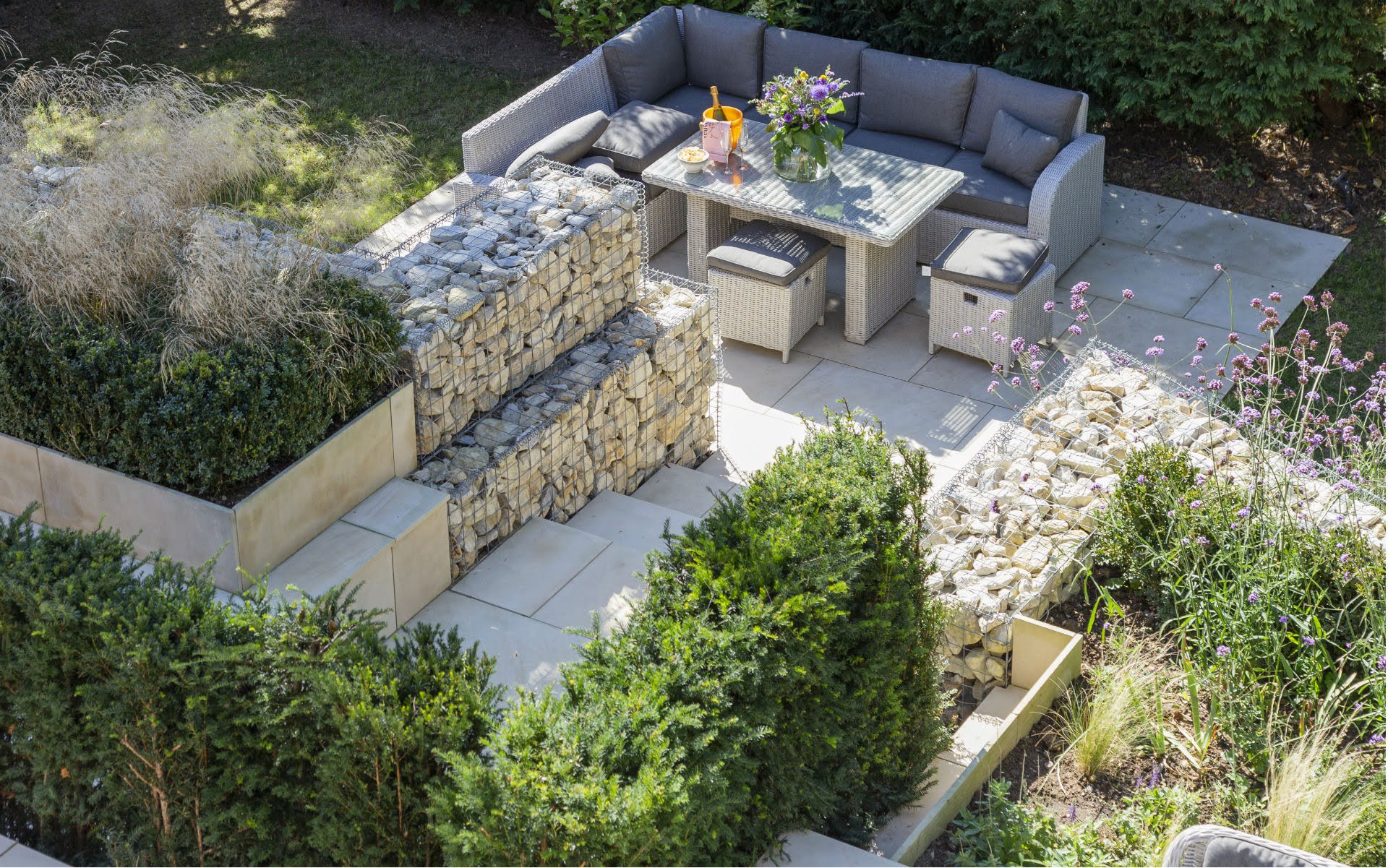 Portfolio Multi-level Landscape Garden Design and Build Lower patio Gabion walls steps