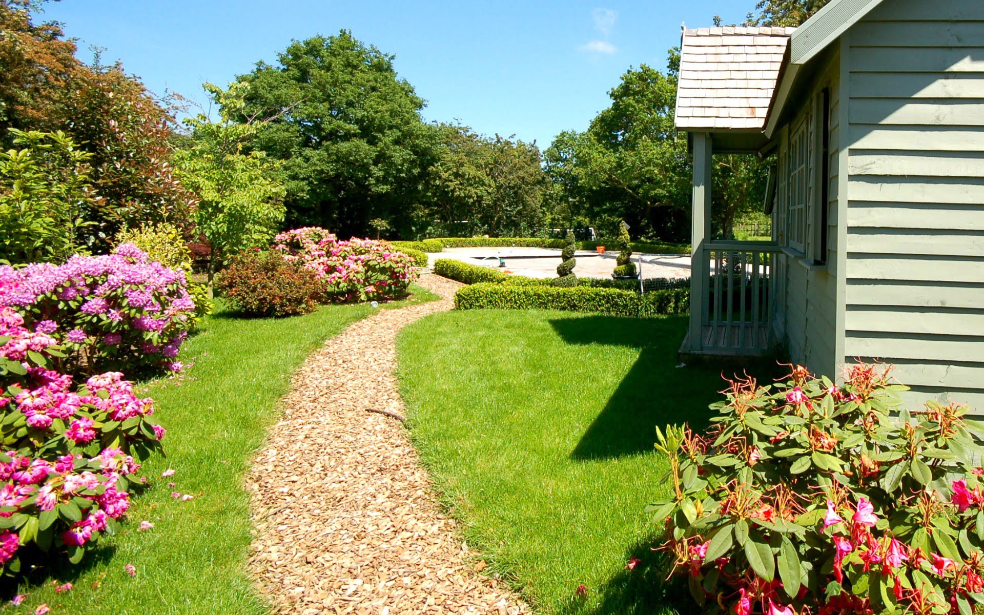 Traditional Country Estate Pool House Bark Mulch Path Cottage Garden