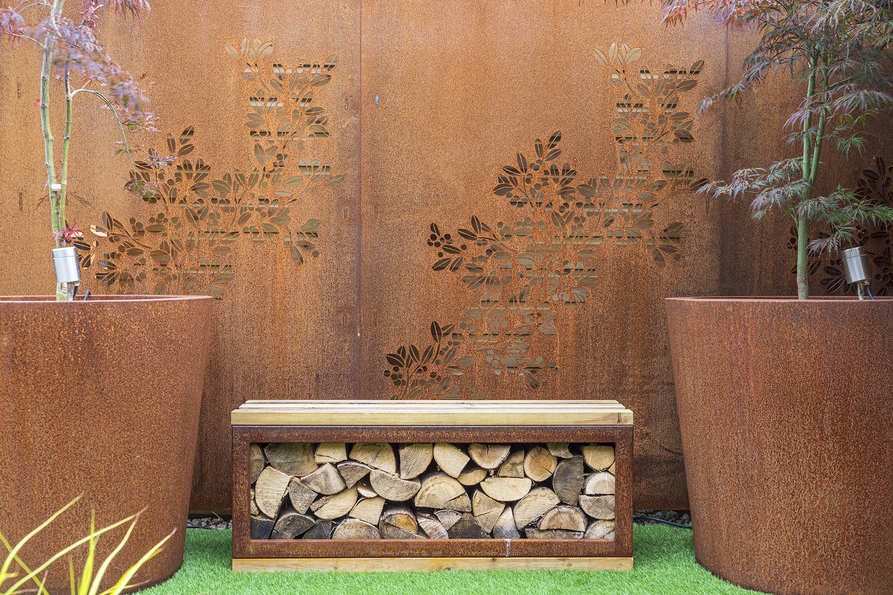 Small Urban Contemporary Garden, Sawbridgeworth Essex. Design and Build Cube 1994. Corten Steel Planters