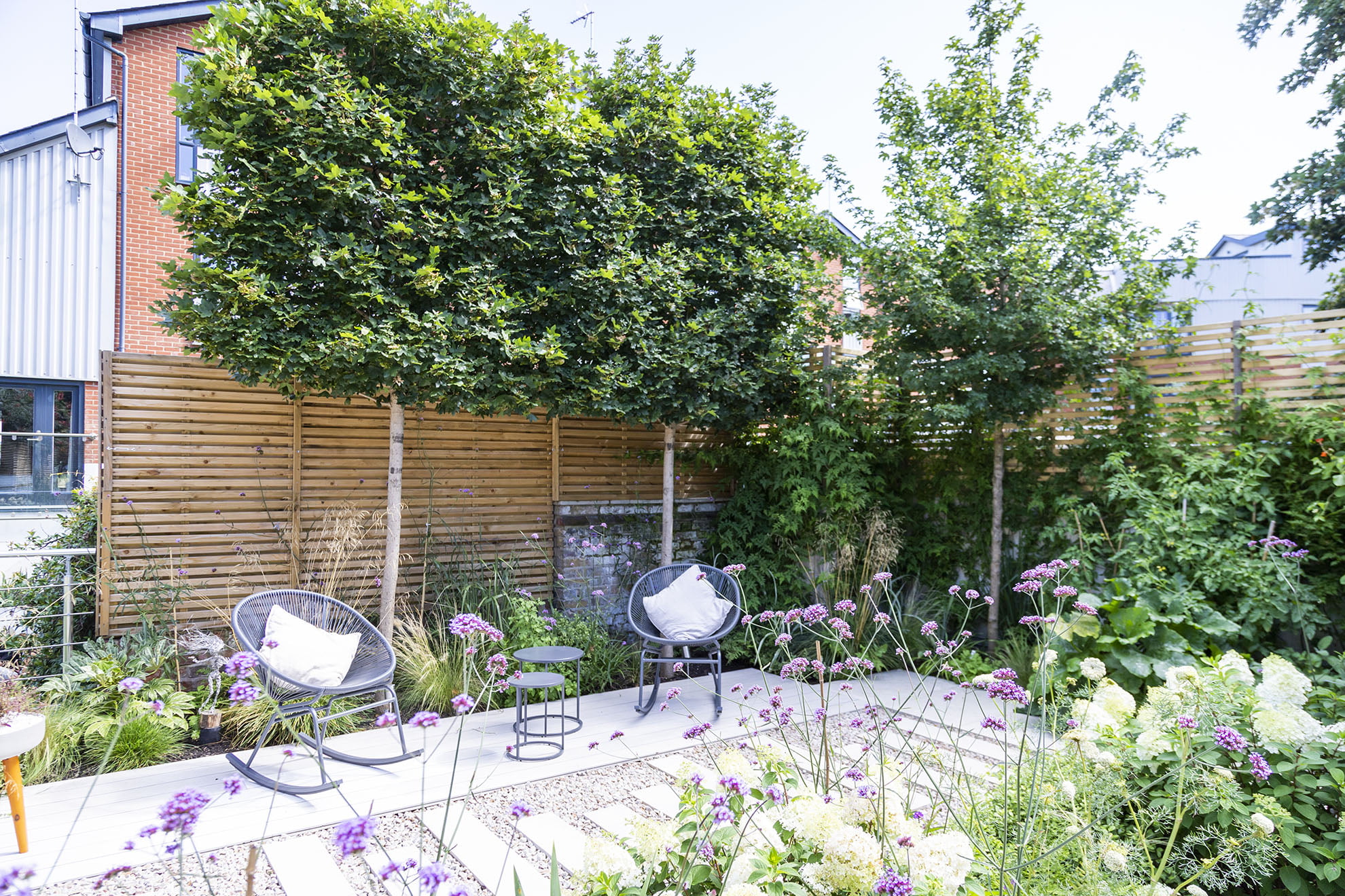 Chic Entertaining Garden Fullbridge Quay Lounge Decking Area, Pleached Trees, Stepping Stone Path.