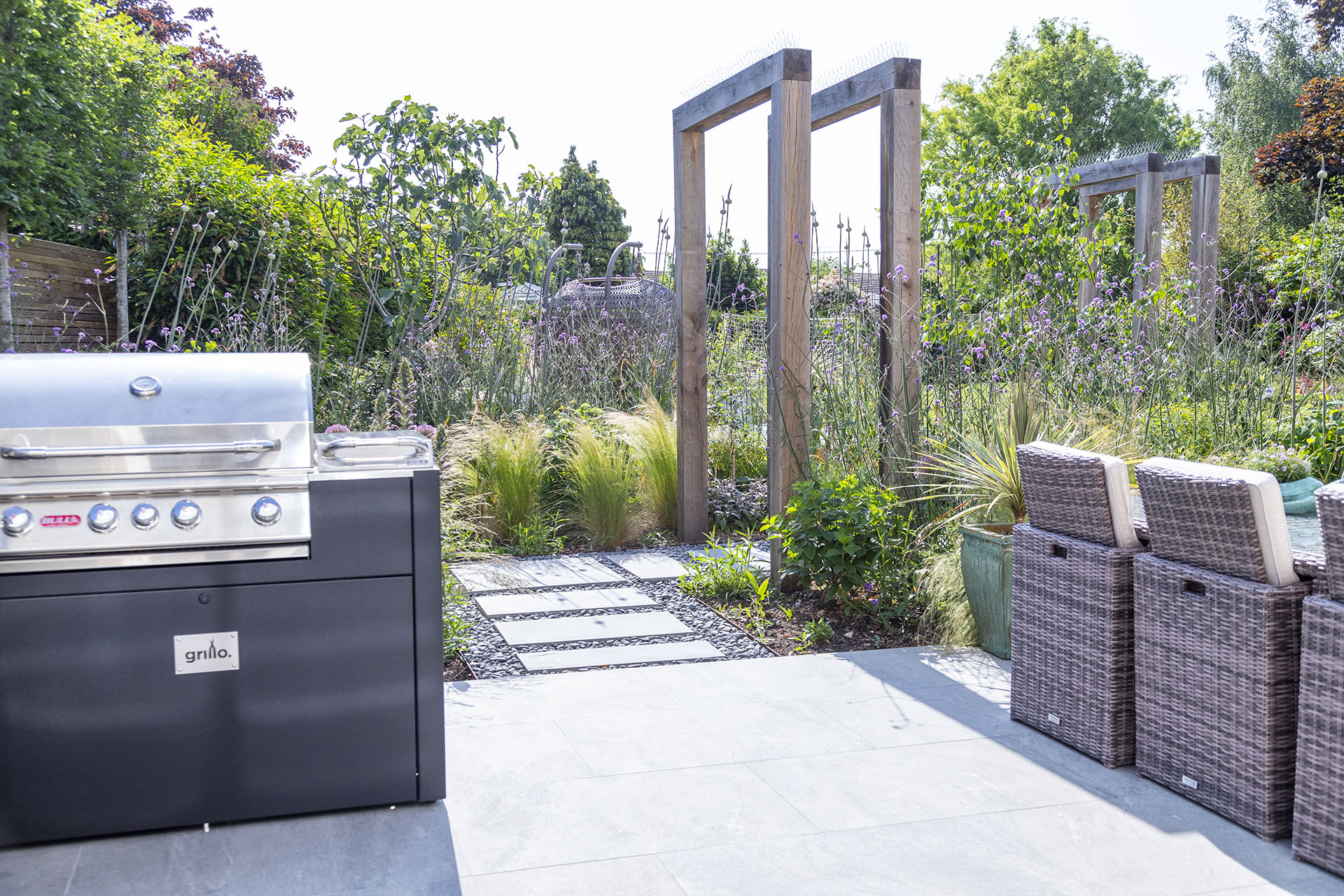 Garden Design Landscaping Cube 1994 Chelmsford Essex Grillo Kitchen Pergola stepping stones
